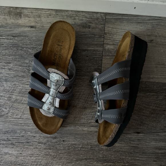 Naot Shoes - Naot Wedge Sandals Gray Leather Silver Rhinestones Size 37